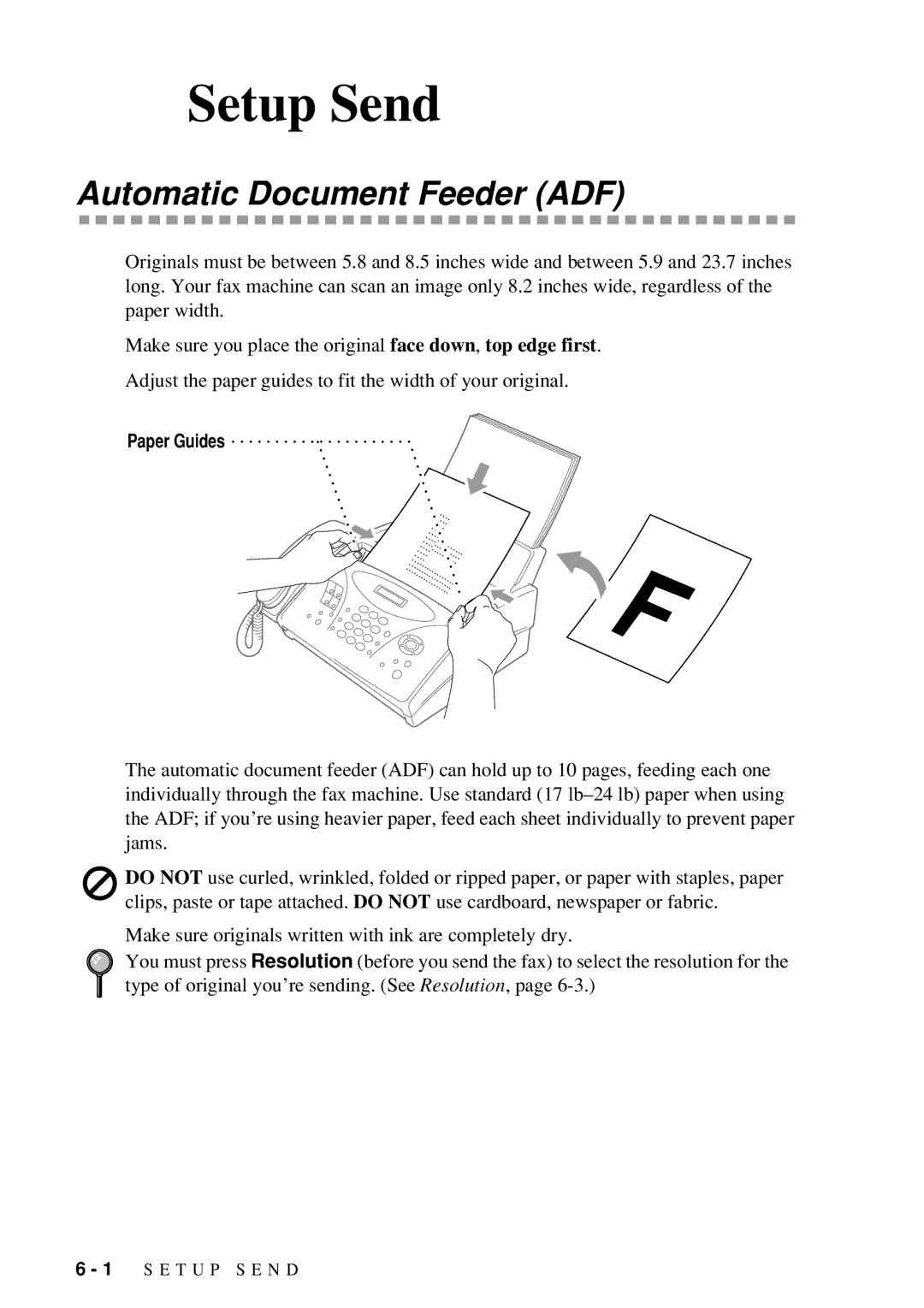 Brother FAX-775 owner manual Setup Send, Automatic Document Feeder ADF, Paper Guides 