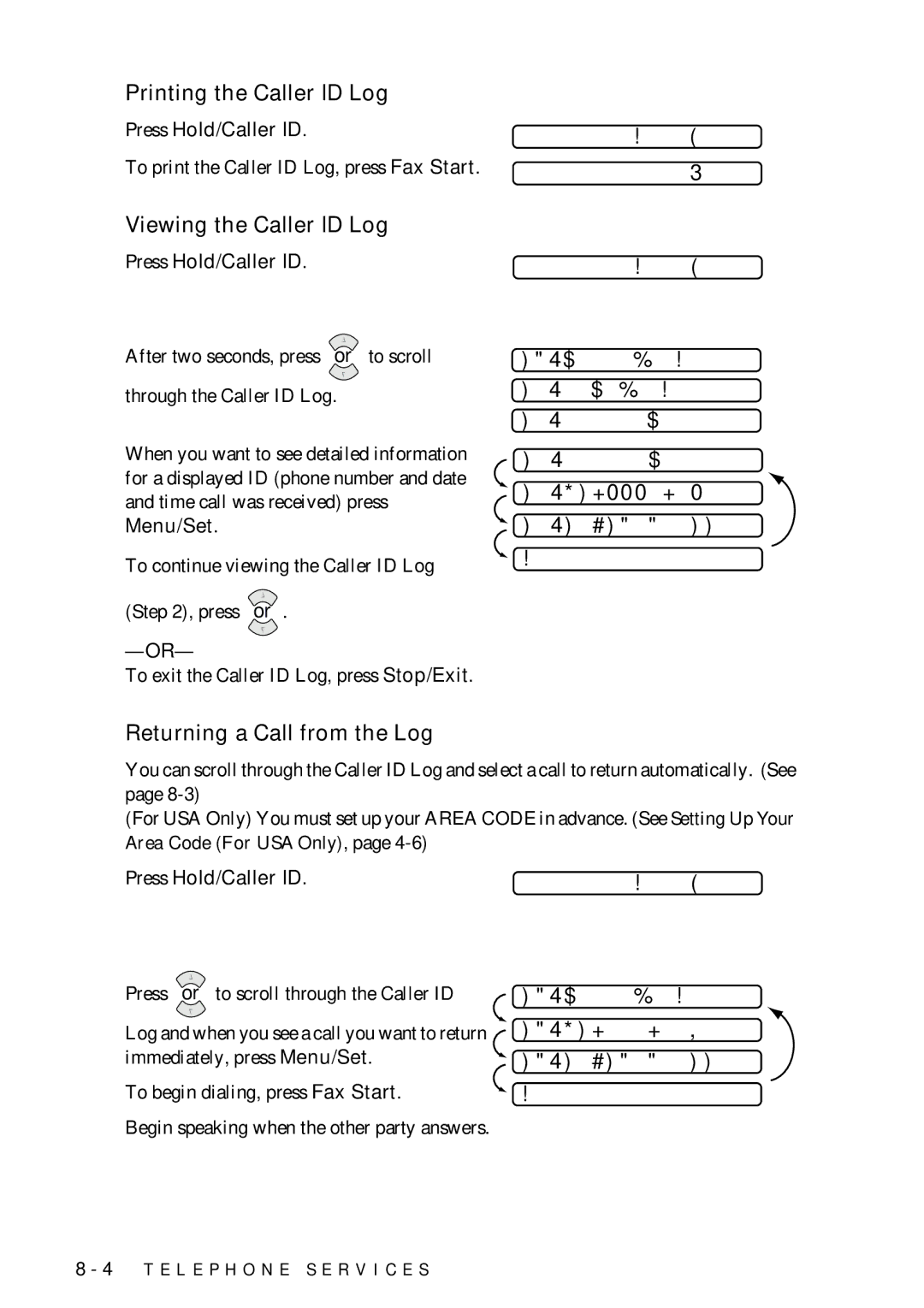 Brother FAX-775 Printing the Caller ID Log, Viewing the Caller ID Log, Dialpress Start, Returning a Call from the Log 