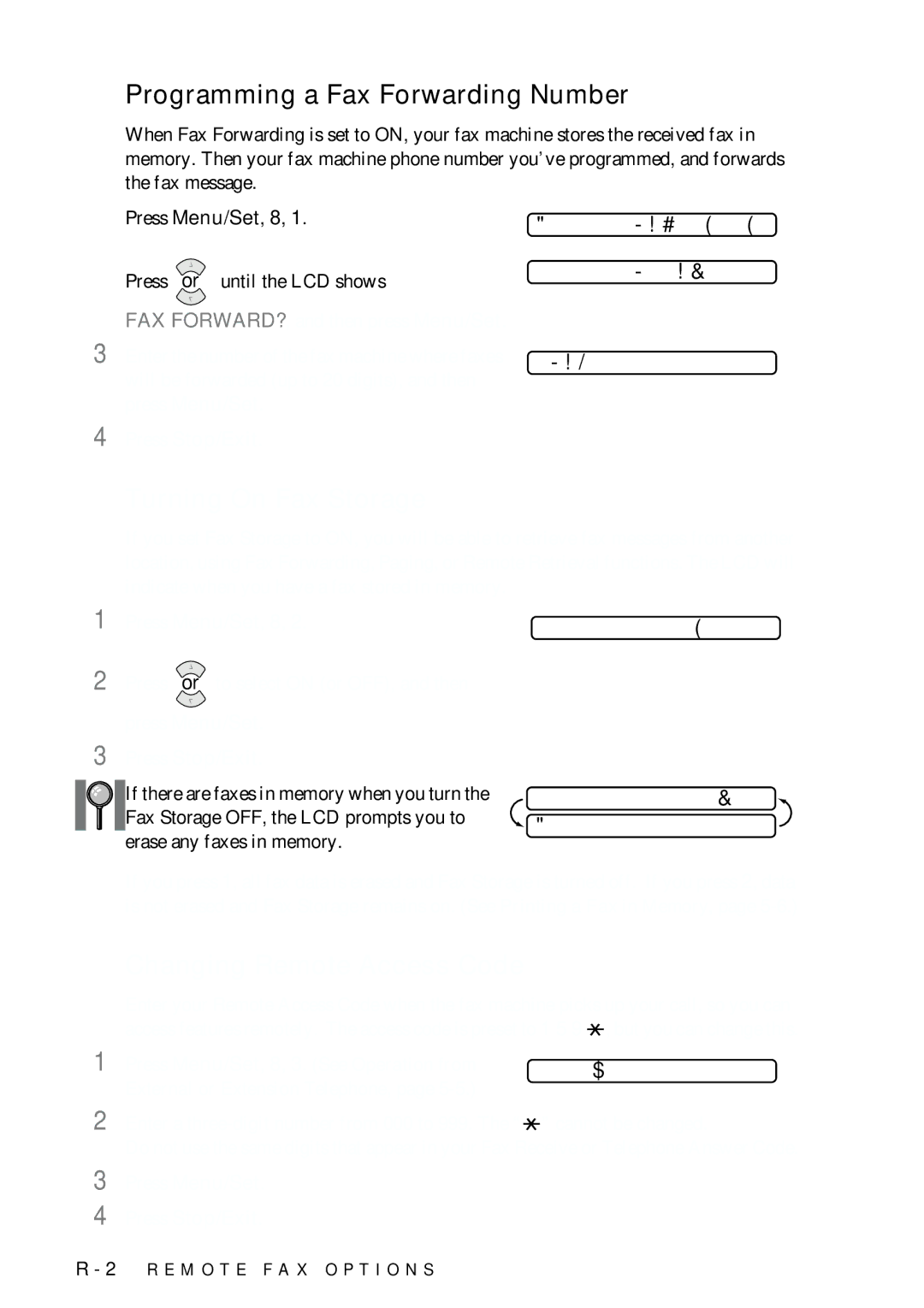 Brother FAX-775 owner manual Programming a Fax Forwarding Number, Turning On Fax Storage, Changing Remote Access Code 