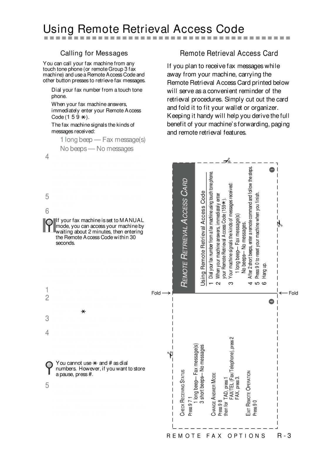 Brother FAX-775 owner manual Using Remote Retrieval Access Code, Remote Retrieval Access Card, Calling for Messages 