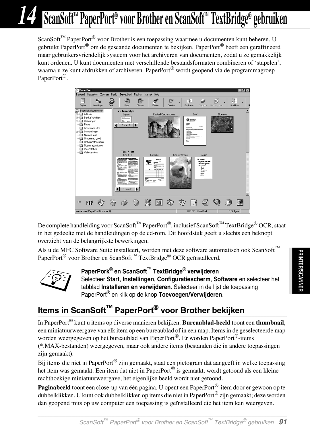 Brother FAX-8070P manual Items in ScanSoft PaperPort voor Brother bekijken, PaperPork en ScanSoft TextBridge verwijderen 