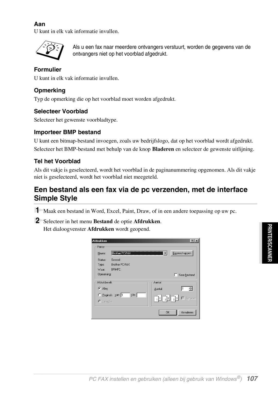 Brother FAX-8070P, MFC-9070 manual Aan, Formulier, Opmerking, Selecteer Voorblad, Importeer BMP bestand, Tel het Voorblad 