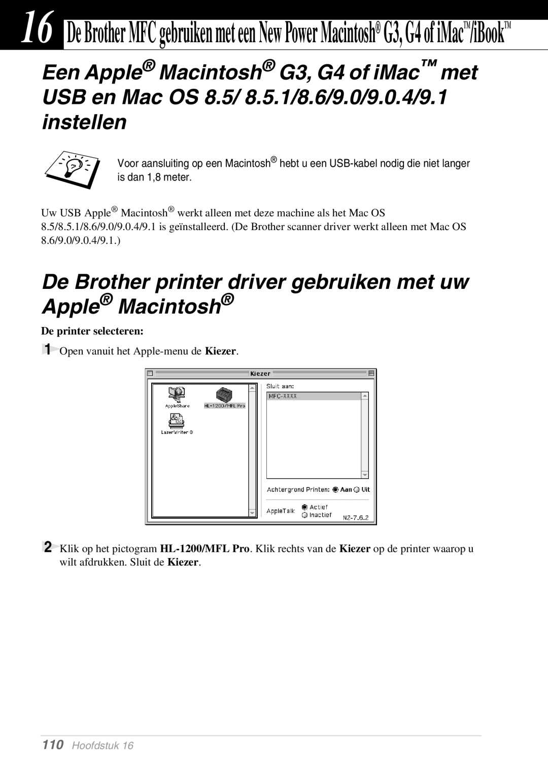 Brother MFC-9070, FAX-8070P manual De Brother printer driver gebruiken met uw Apple Macintosh, De printer selecteren 