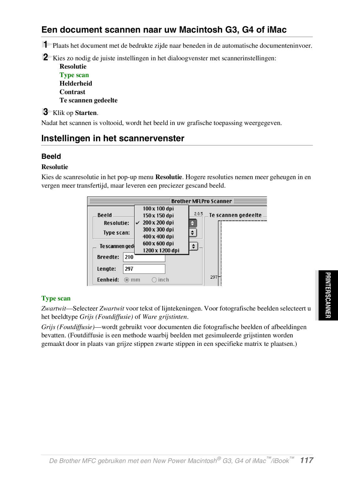 Brother FAX-8070P, MFC-9070 Een document scannen naar uw Macintosh G3, G4 of iMac, Helderheid Contrast Te scannen gedeelte 