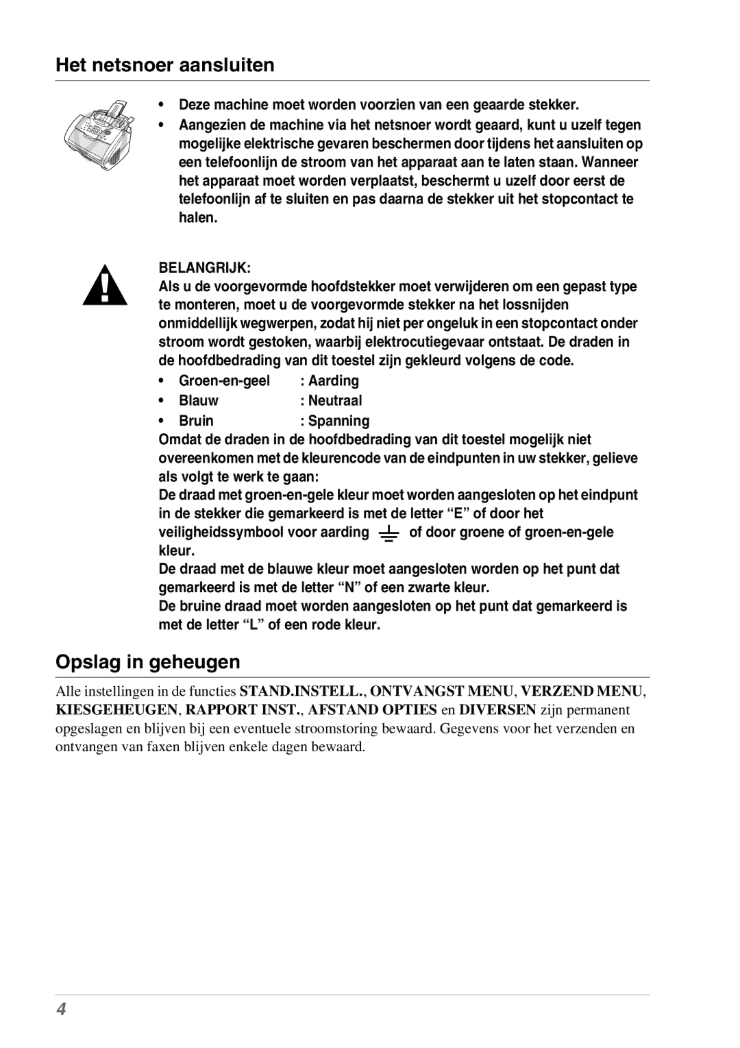 Brother MFC-9070, FAX-8070P manual Het netsnoer aansluiten, Opslag in geheugen 