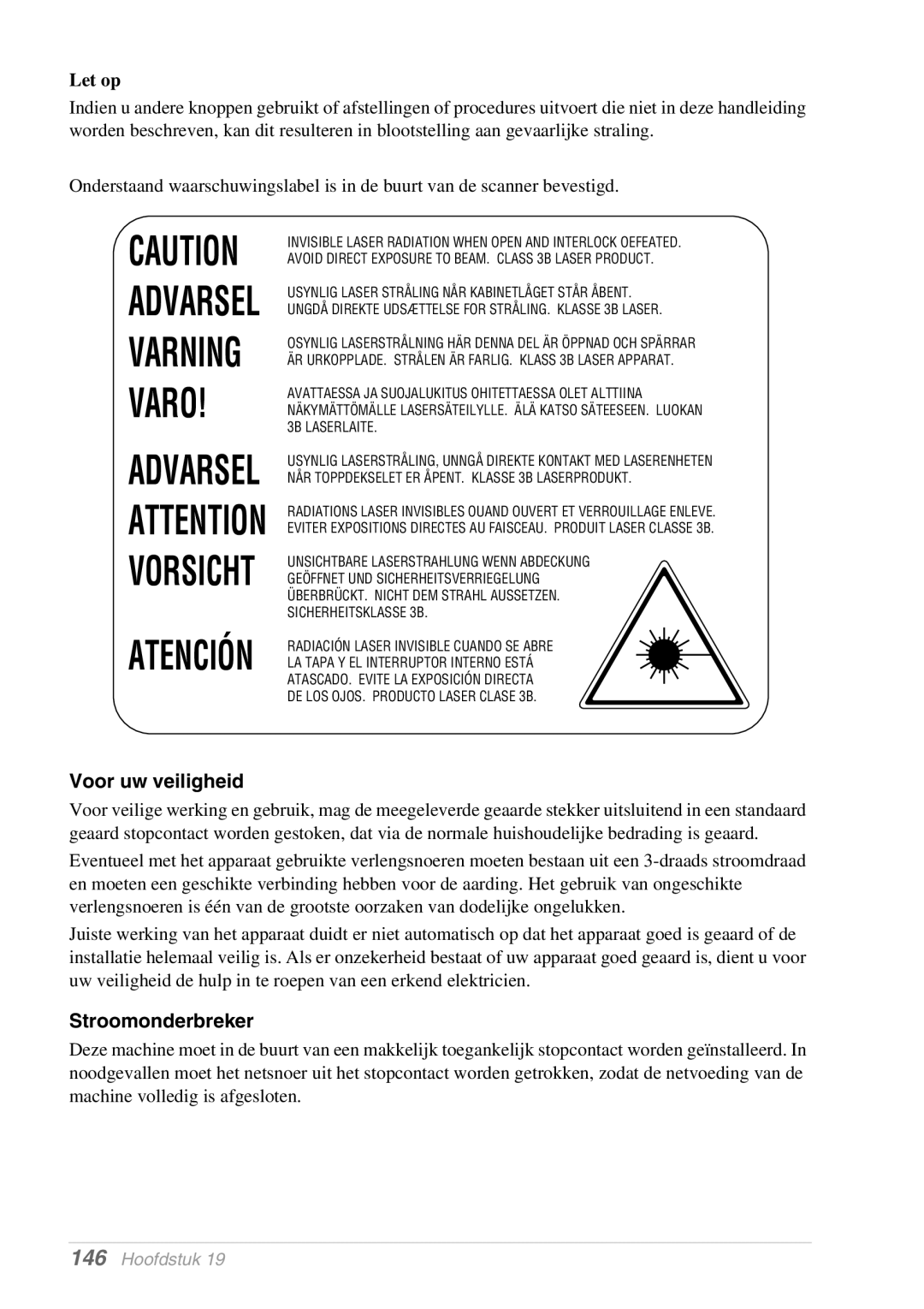 Brother MFC-9070, FAX-8070P manual Voor uw veiligheid, Stroomonderbreker, Let op 