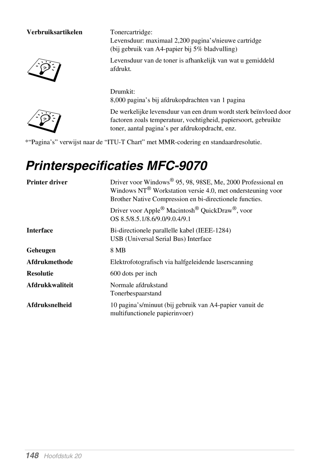 Brother FAX-8070P manual Printerspecificaties MFC-9070 