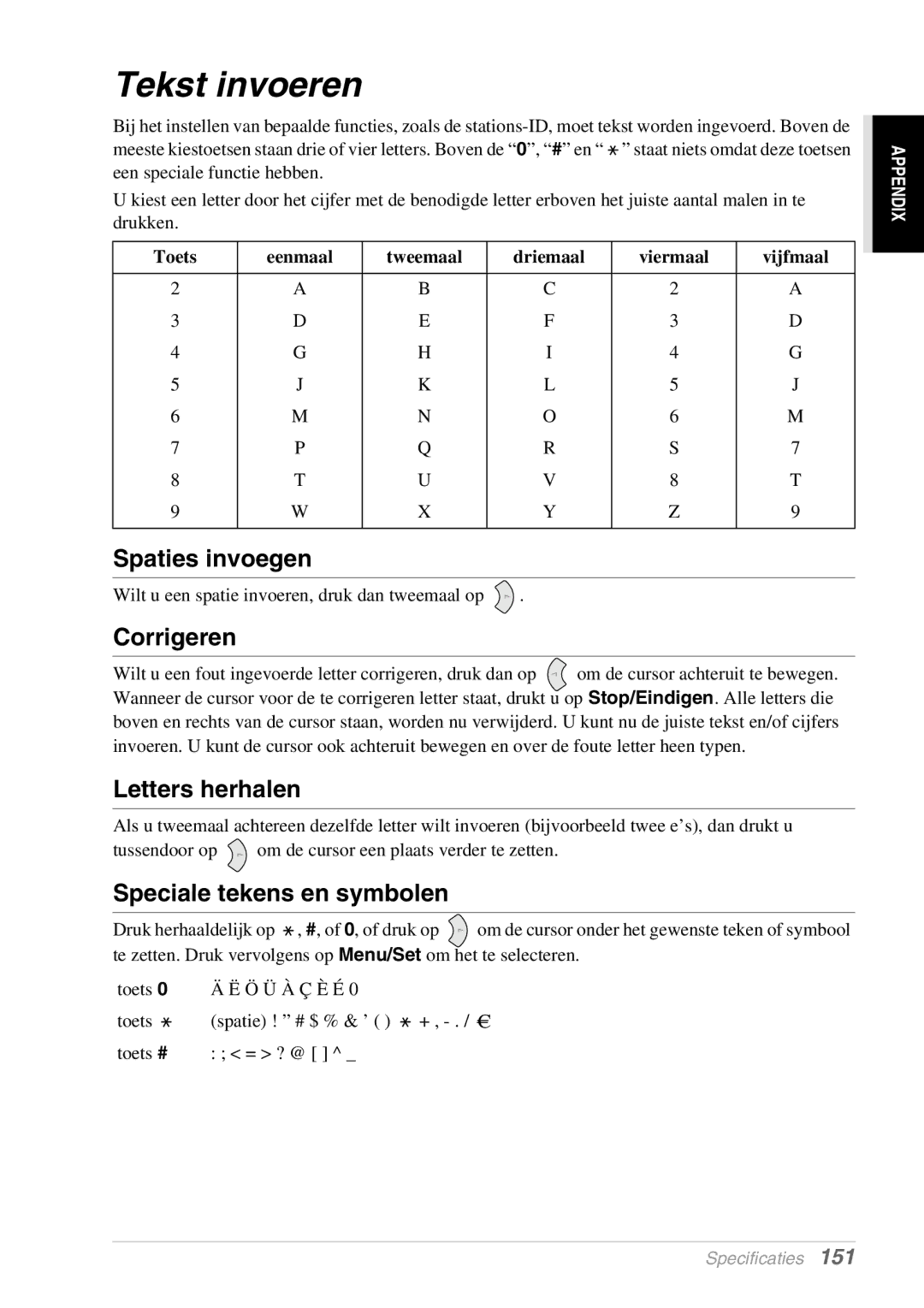 Brother FAX-8070P, MFC-9070 Tekst invoeren, Spaties invoegen, Corrigeren, Letters herhalen, Speciale tekens en symbolen 