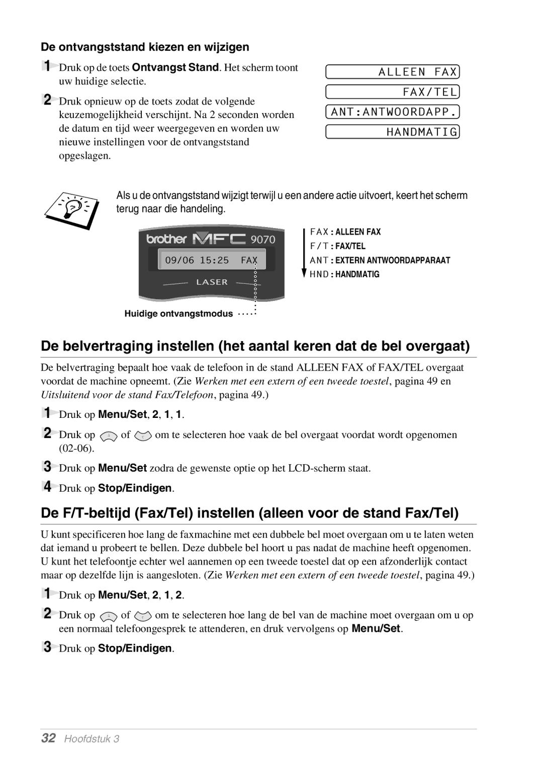 Brother MFC-9070, FAX-8070P manual De ontvangststand kiezen en wijzigen 