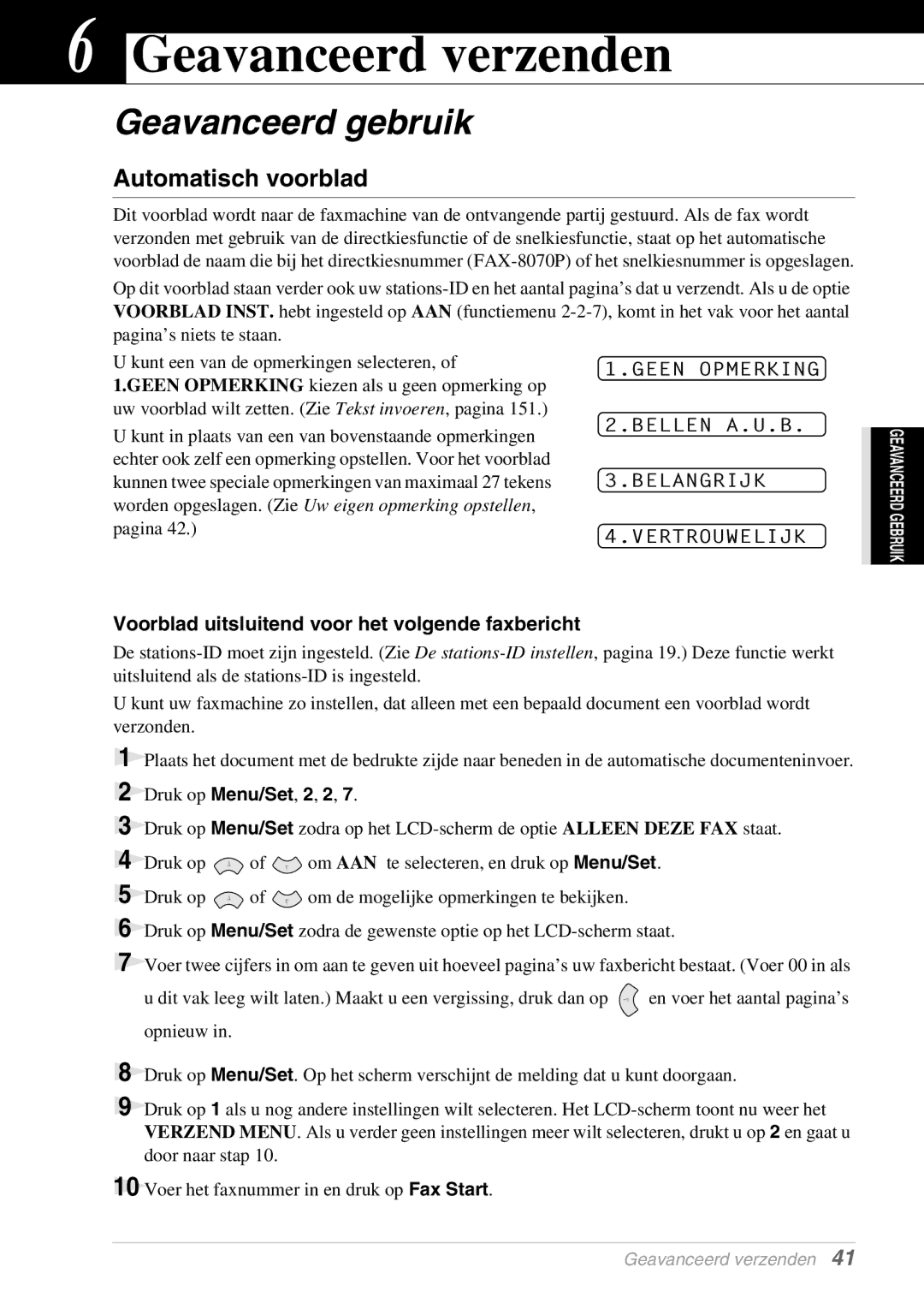 Brother FAX-8070P, MFC-9070 manual Geavanceerd verzenden, Geavanceerd gebruik, Automatisch voorblad 