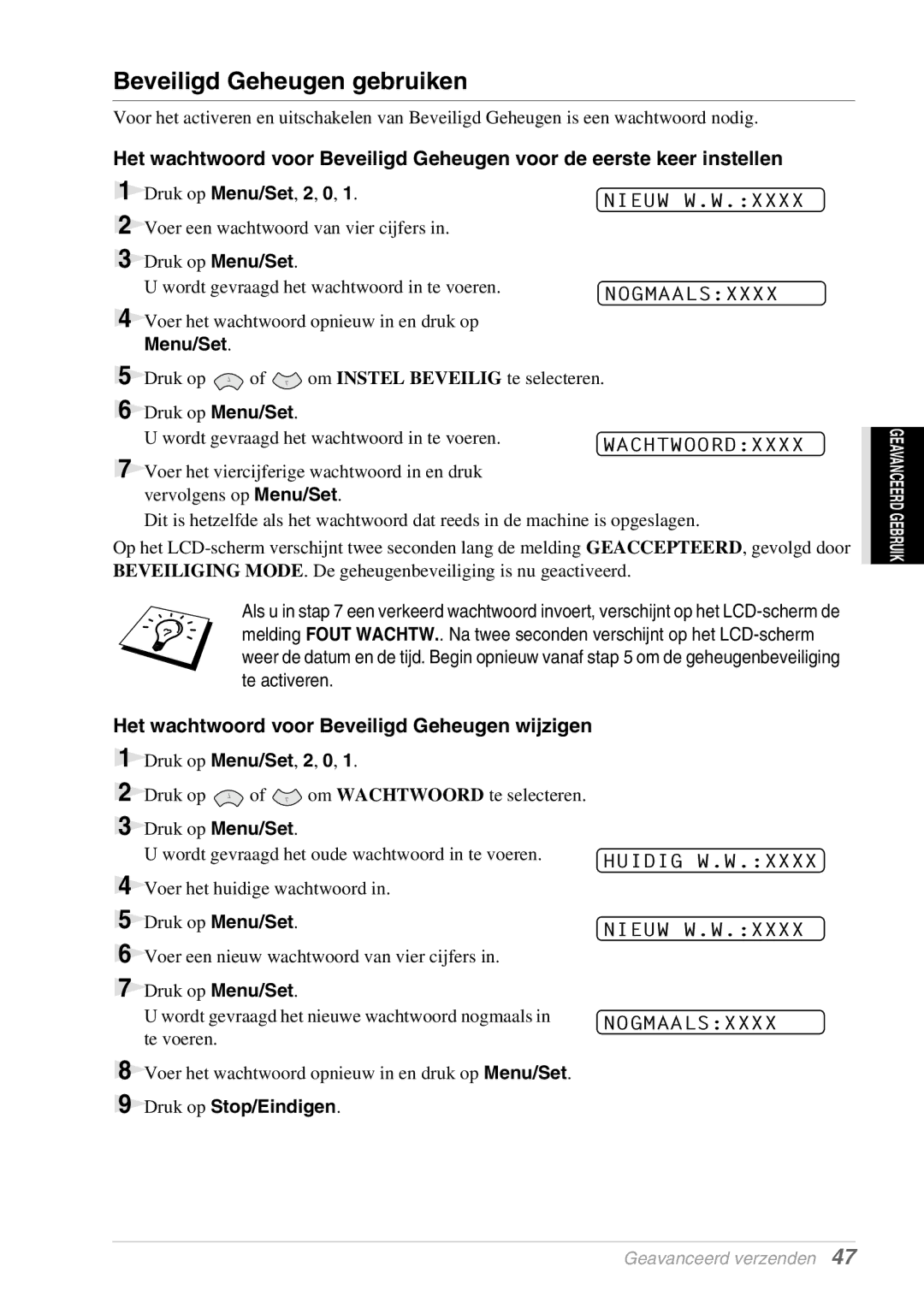 Brother FAX-8070P, MFC-9070 manual Beveiligd Geheugen gebruiken, Het wachtwoord voor Beveiligd Geheugen wijzigen 