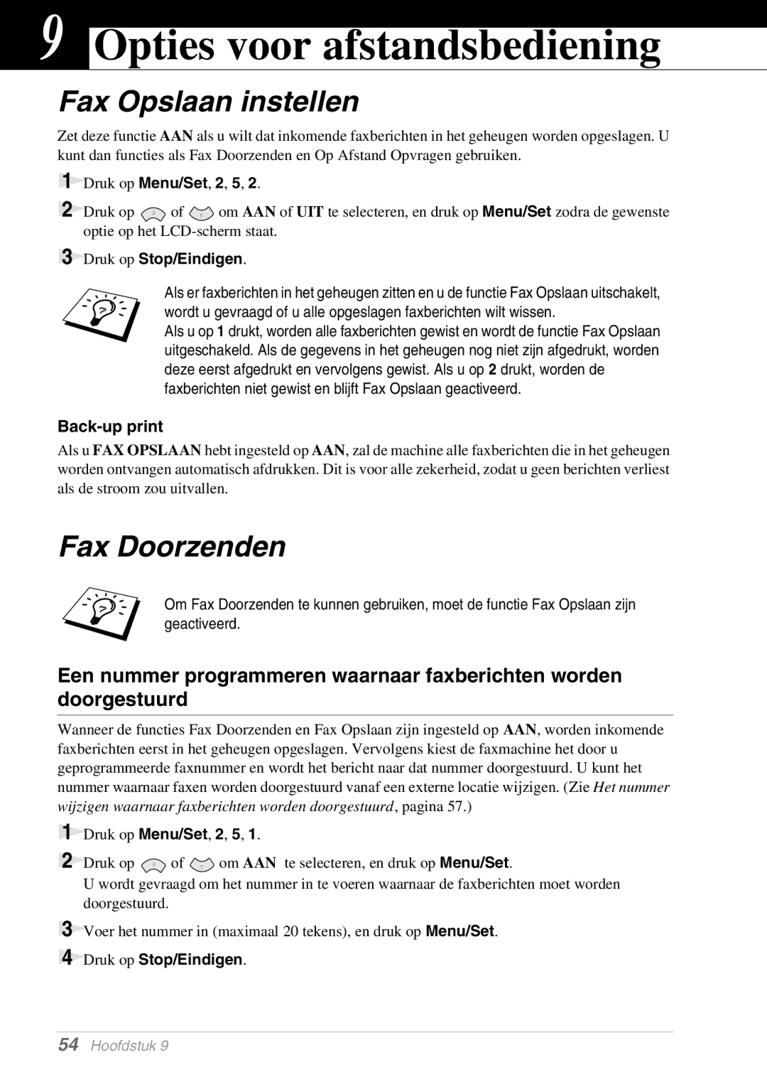 Brother MFC-9070, FAX-8070P manual Opties voor afstandsbediening, Fax Opslaan instellen, Fax Doorzenden, Back-up print 