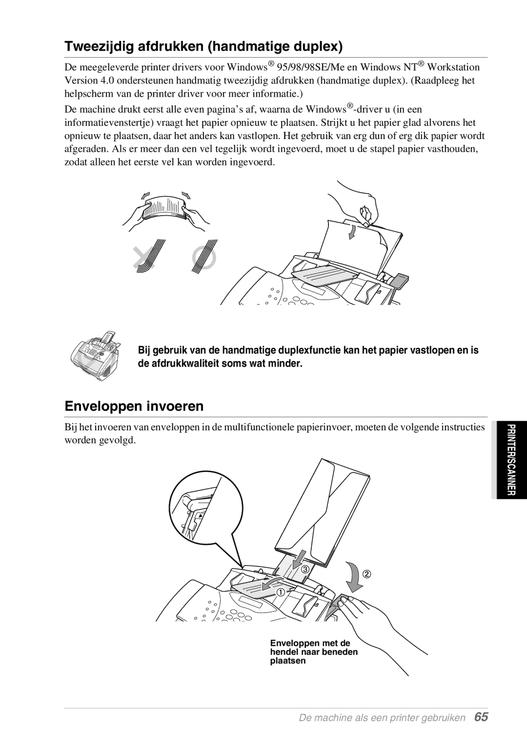 Brother FAX-8070P, MFC-9070 manual Tweezijdig afdrukken handmatige duplex, Enveloppen invoeren 