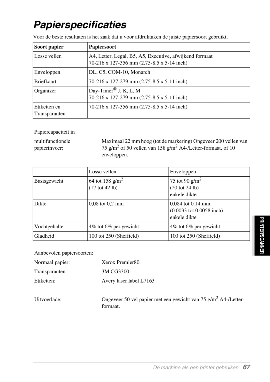 Brother FAX-8070P, MFC-9070 manual Papierspecificaties, Soort papier Papiersoort 