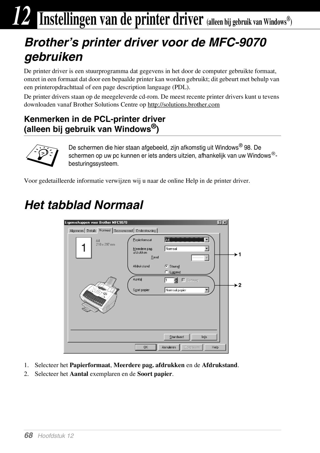 Brother FAX-8070P manual Brother’s printer driver voor de MFC-9070 gebruiken, Het tabblad Normaal 