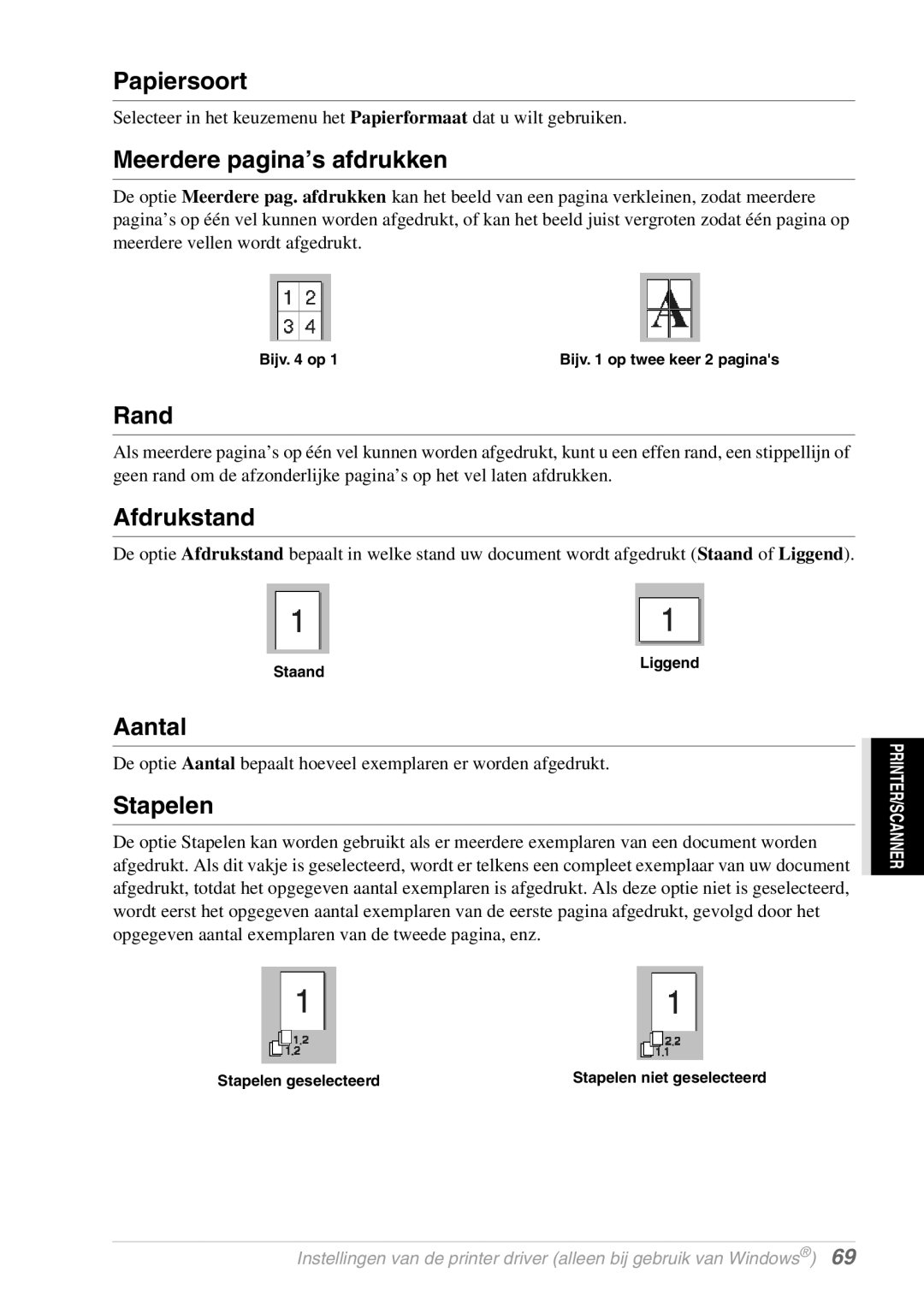 Brother FAX-8070P, MFC-9070 manual Papiersoort, Meerdere pagina’s afdrukken, Rand, Afdrukstand, Aantal, Stapelen 