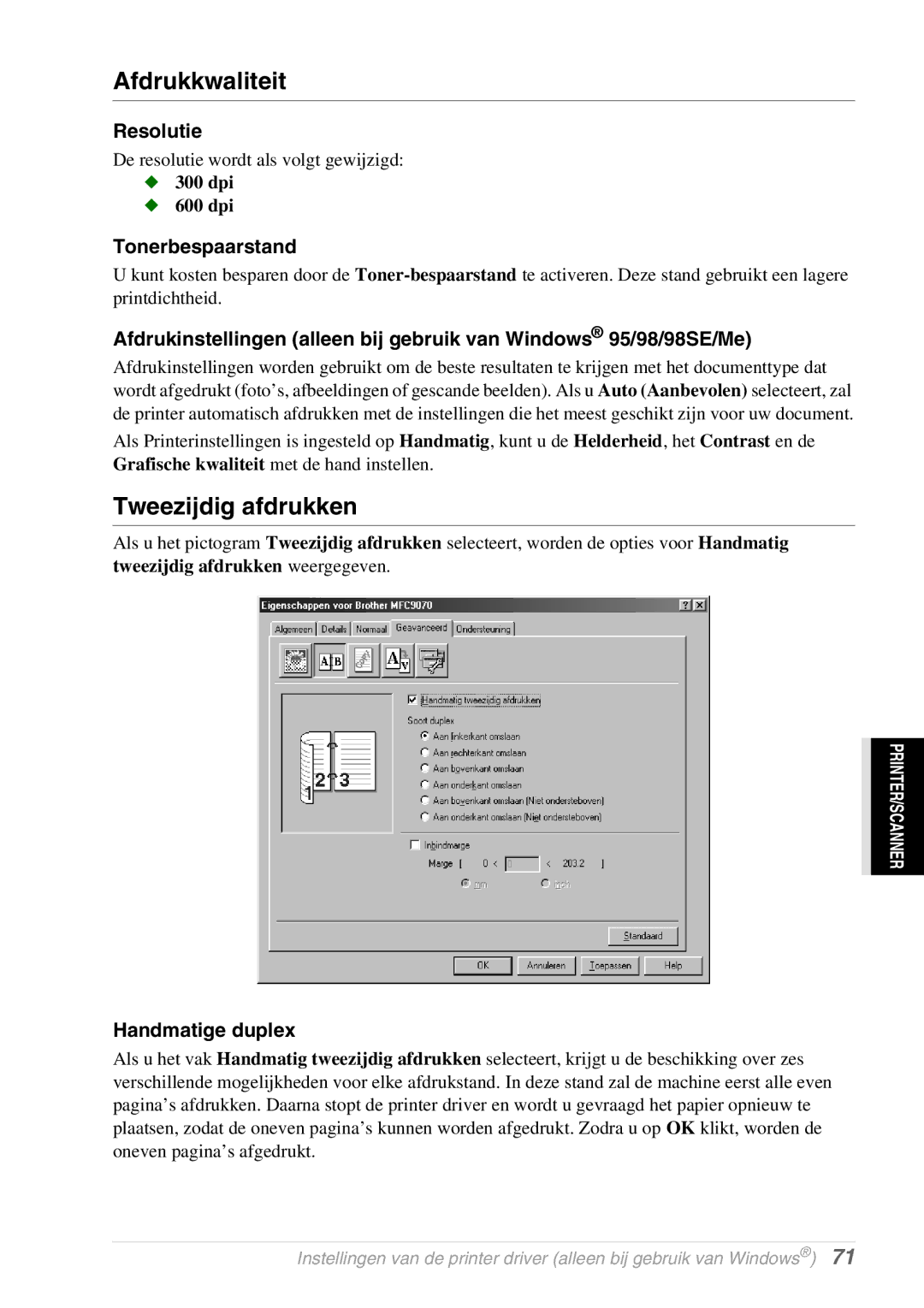 Brother FAX-8070P, MFC-9070 manual Afdrukkwaliteit, Tweezijdig afdrukken, Resolutie, Tonerbespaarstand, Handmatige duplex 