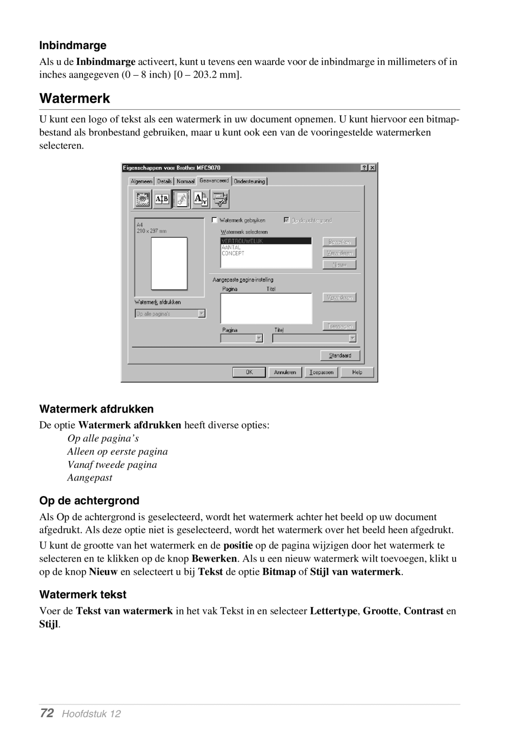 Brother MFC-9070, FAX-8070P manual Inbindmarge, Watermerk afdrukken, Op de achtergrond, Watermerk tekst 