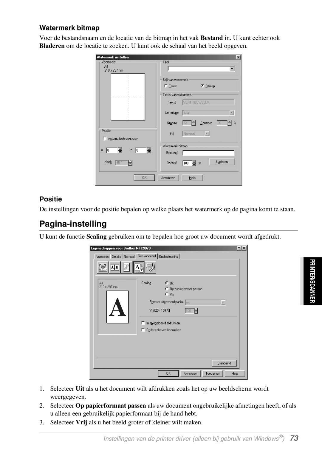 Brother FAX-8070P, MFC-9070 manual Pagina-instelling, Watermerk bitmap, Positie 