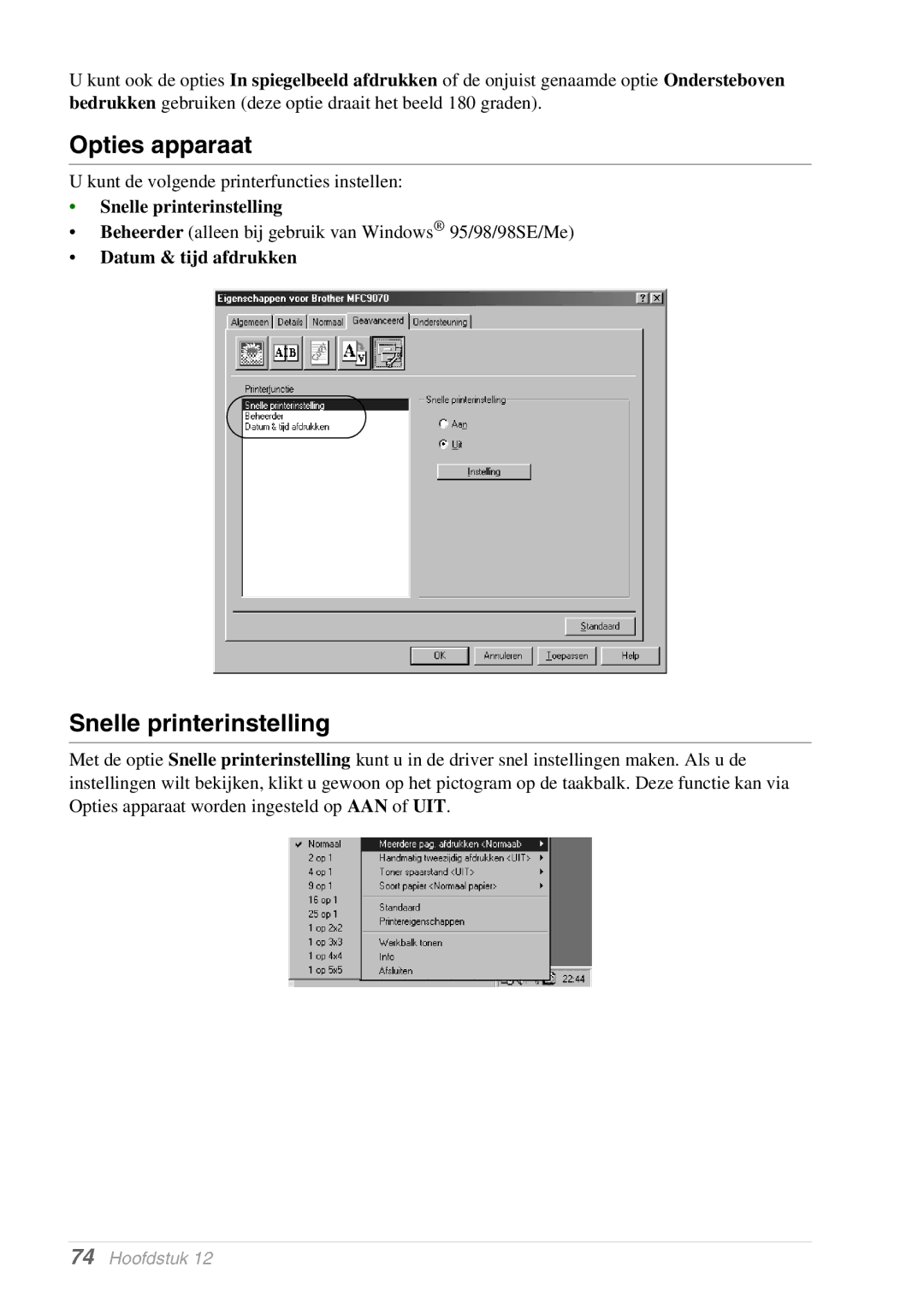 Brother MFC-9070, FAX-8070P manual Opties apparaat, Snelle printerinstelling, Datum & tijd afdrukken 