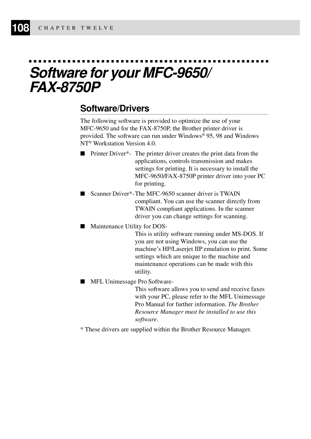 Brother FAX-8350P owner manual Software for your MFC-9650/ FAX-8750P, Software/Drivers 