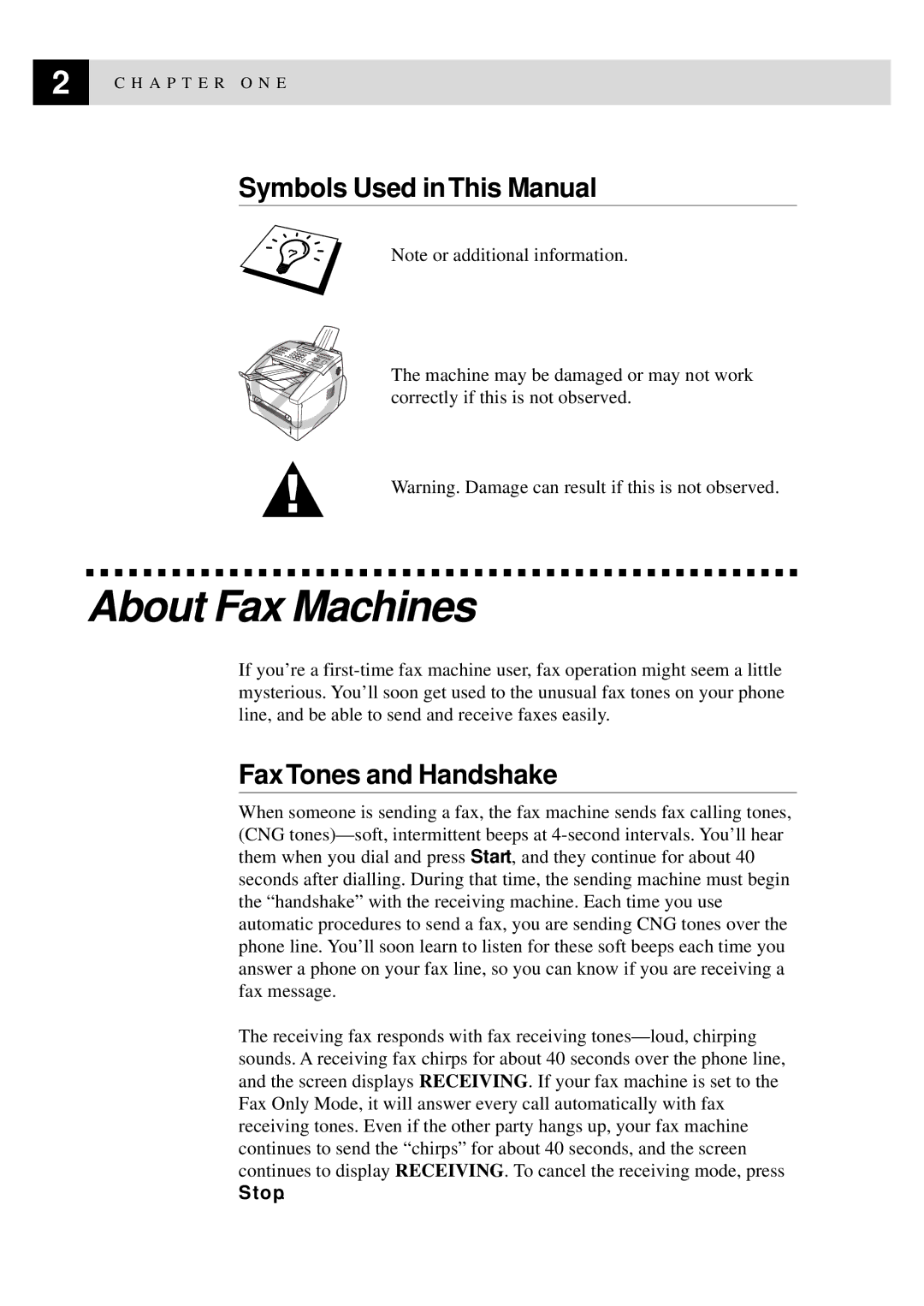 Brother FAX-8350P, MFC-9650 owner manual About Fax Machines, Symbols Used in This Manual, Fax Tones and Handshake 