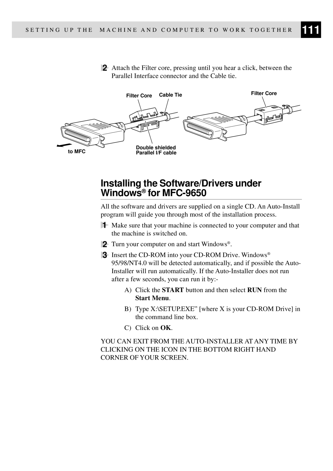 Brother FAX-8350P owner manual Installing the Software/Drivers under Windows for MFC-9650 