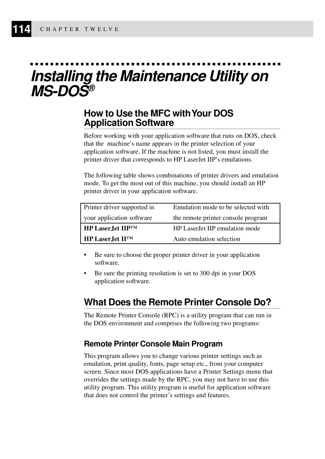 Brother FAX-8350P Installing the Maintenance Utility on MS-DOS, How to Use the MFC withYour DOS Application Software 