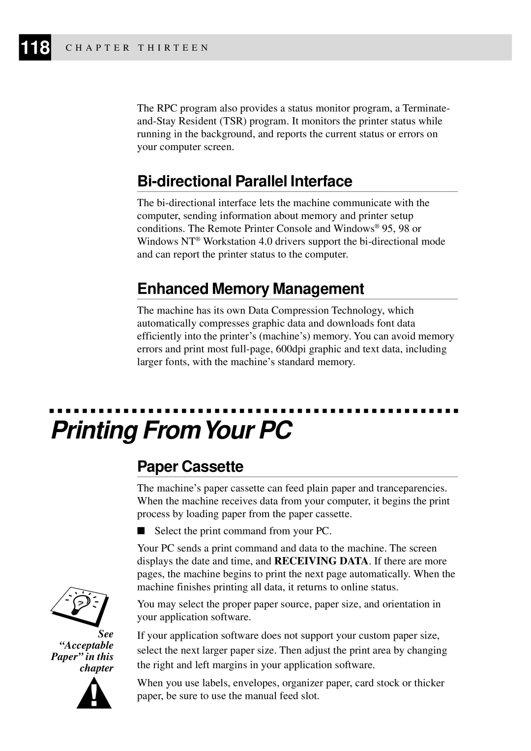 Brother FAX-8350P Printing FromYour PC, Bi-directional Parallel Interface, Enhanced Memory Management, Paper Cassette 