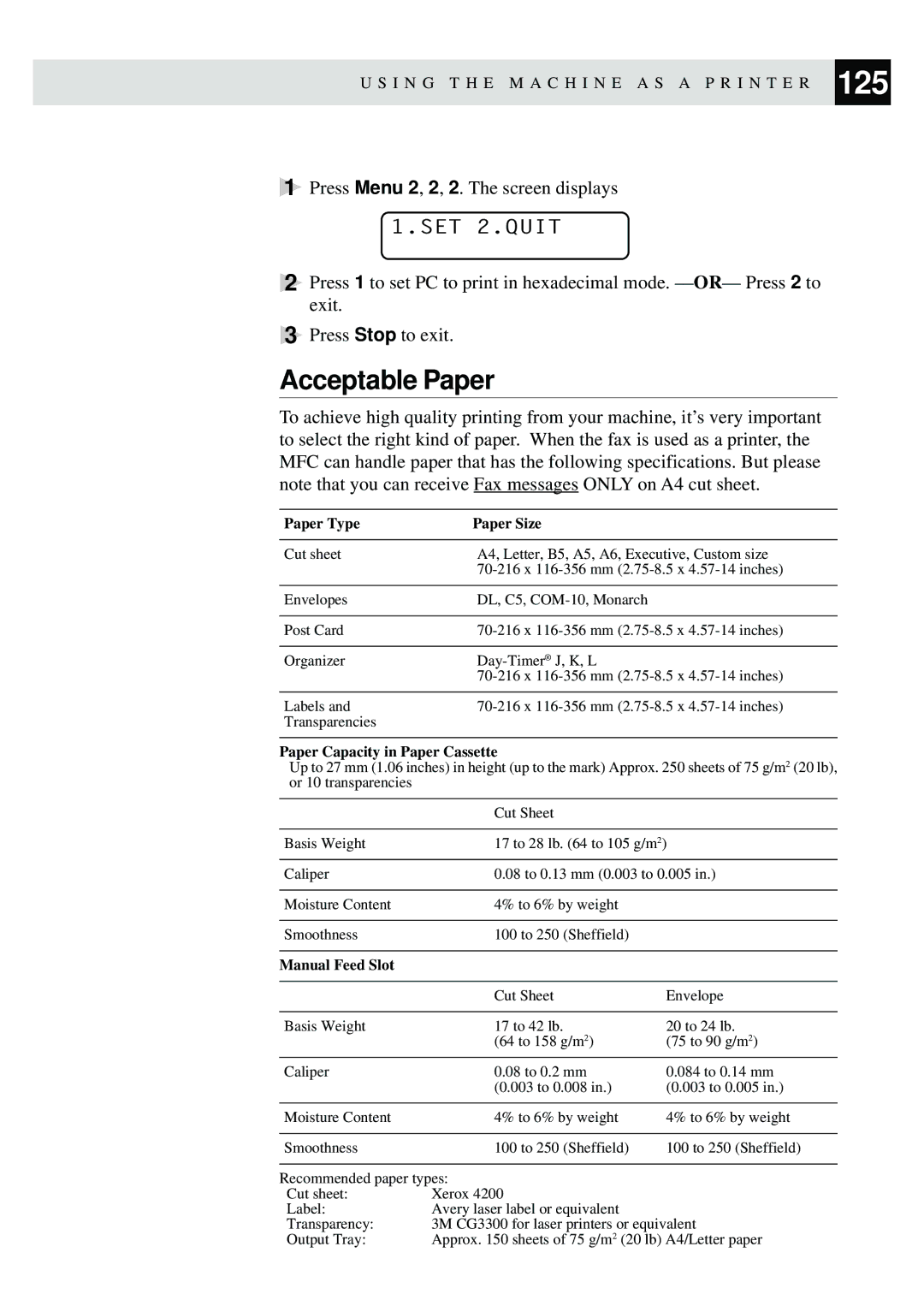 Brother MFC-9650, FAX-8350P owner manual Acceptable Paper, Paper Type Paper Size 