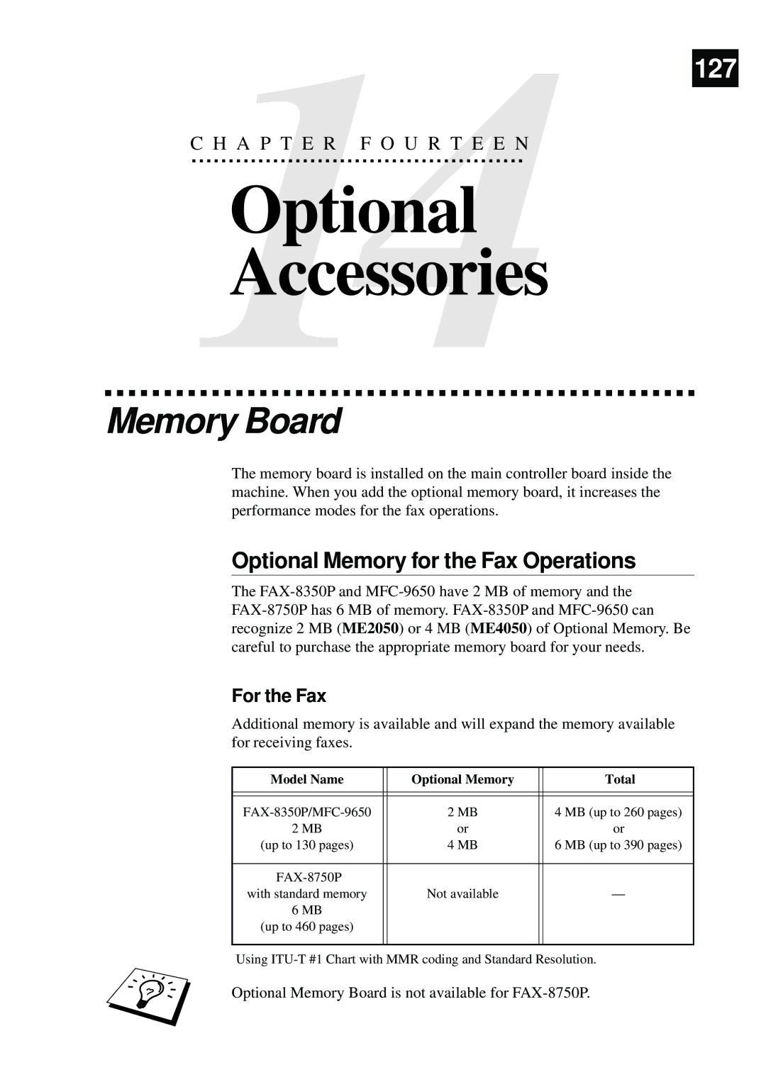 Brother MFC-9650, FAX-8350P Optional Accessories, Memory Board, Optional Memory for the Fax Operations, For the Fax 