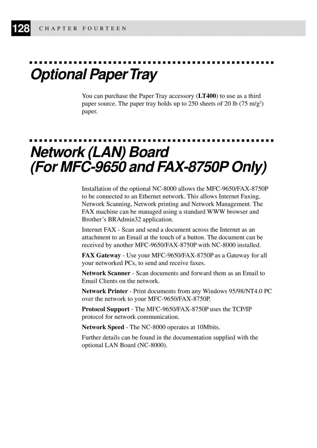 Brother FAX-8350P owner manual Optional PaperTray, Network LAN Board For MFC-9650 and FAX-8750P Only 