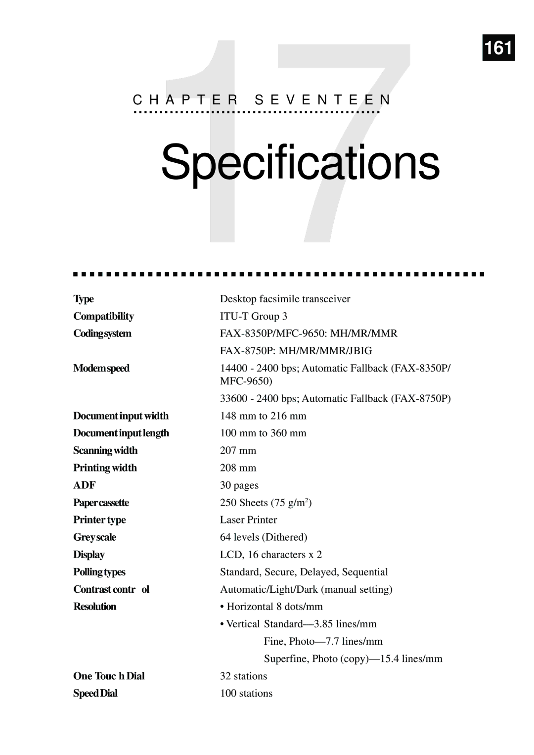 Brother MFC-9650, FAX-8350P owner manual Specifications 