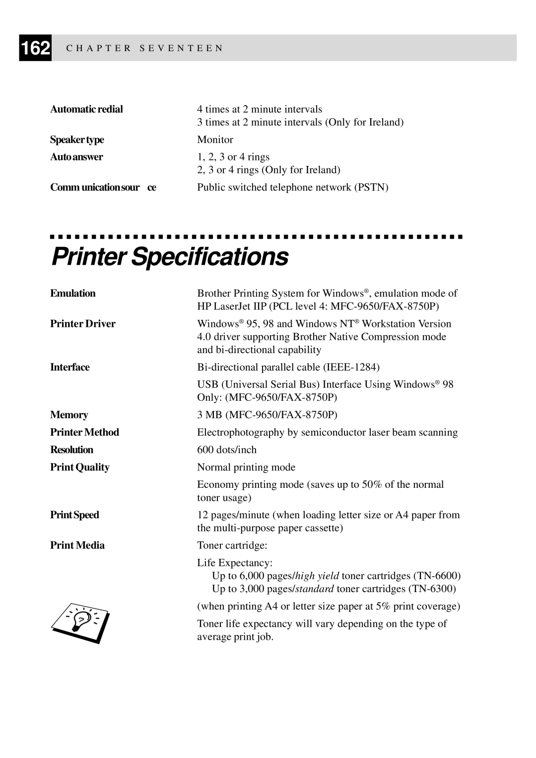 Brother FAX-8350P, MFC-9650 owner manual Printer Specifications 