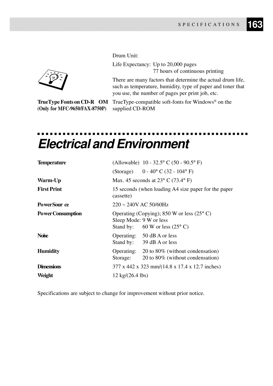 Brother MFC-9650, FAX-8350P owner manual Electrical and Environment 