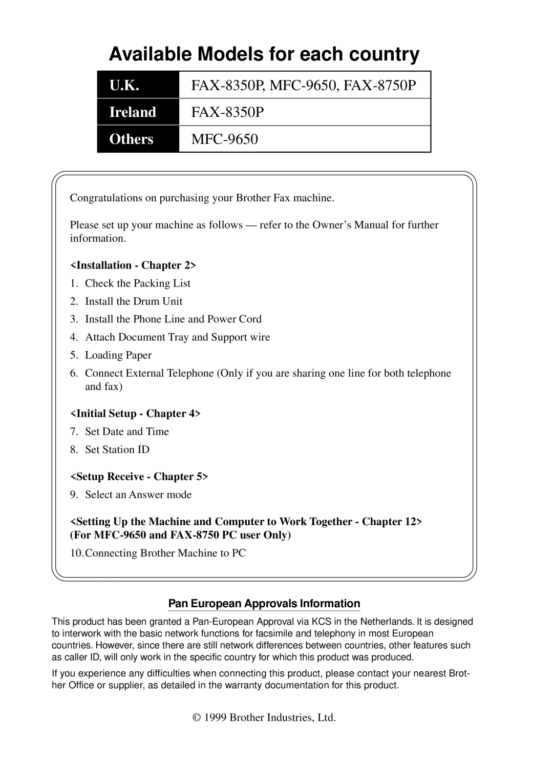 Brother FAX-8350P, MFC-9650 owner manual Installation Chapter, Initial Setup Chapter, Setup Receive Chapter 