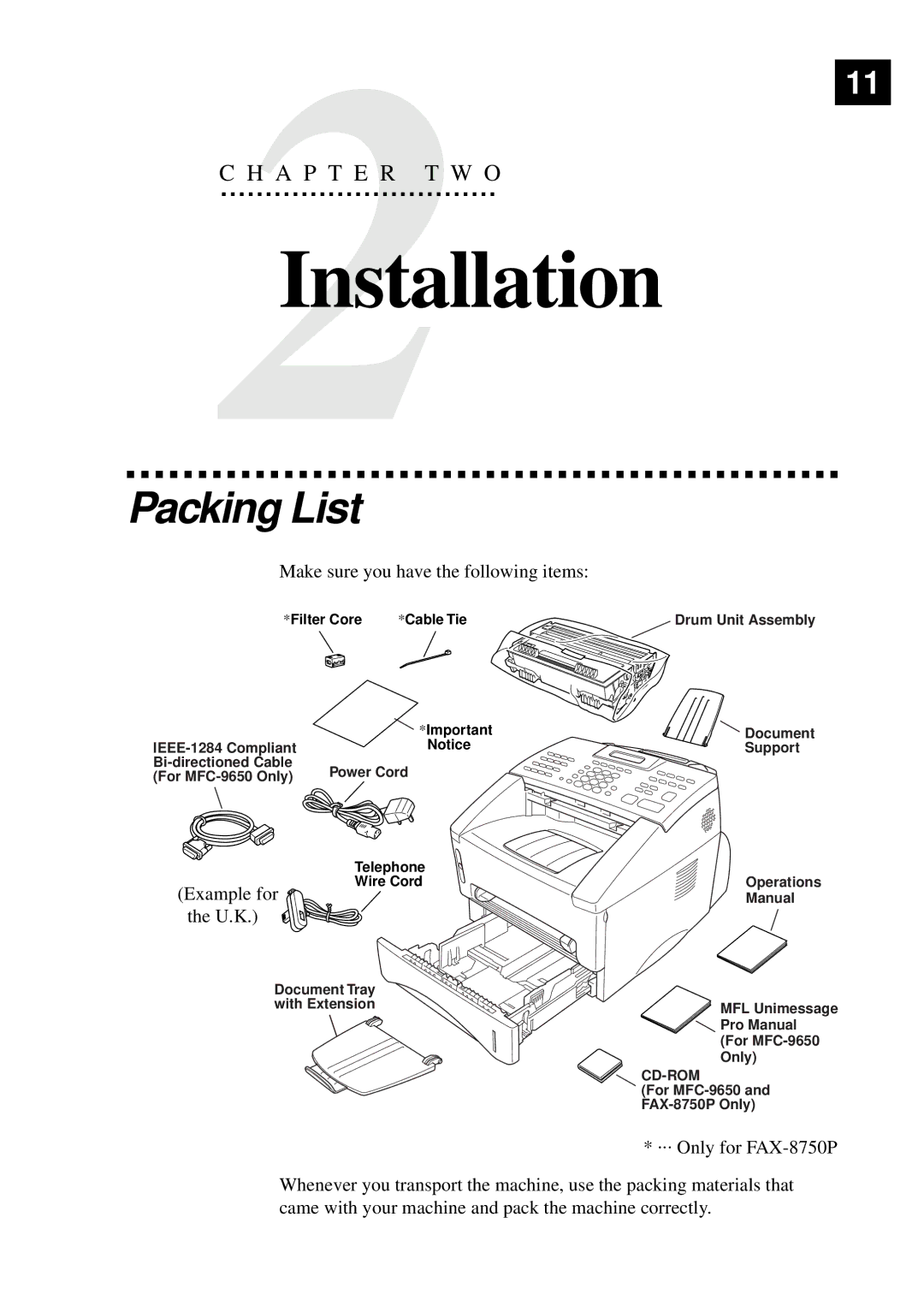 Brother MFC-9650, FAX-8350P owner manual Installation, Packing List, Example for, U.K 