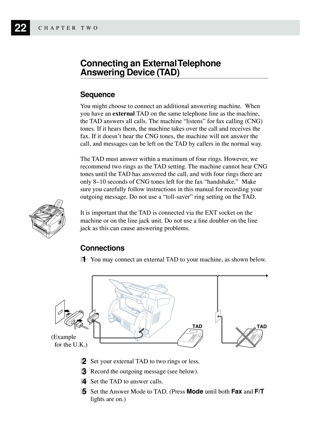 Brother FAX-8350P, MFC-9650 owner manual Connecting an External Telephone Answering Device TAD, Sequence, Connections 