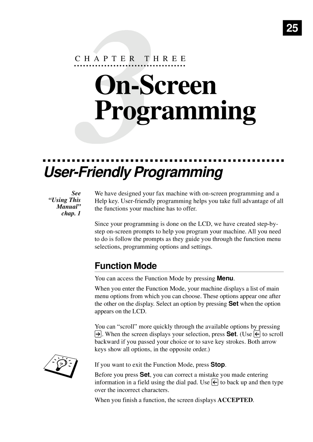 Brother MFC-9650, FAX-8350P owner manual On-Screen Programming, User-Friendly Programming, Function Mode 