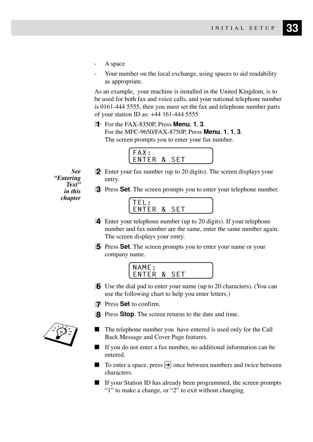 Brother MFC-9650, FAX-8350P owner manual FAX Enter & SET, TEL Enter & SET, Name Enter & SET 