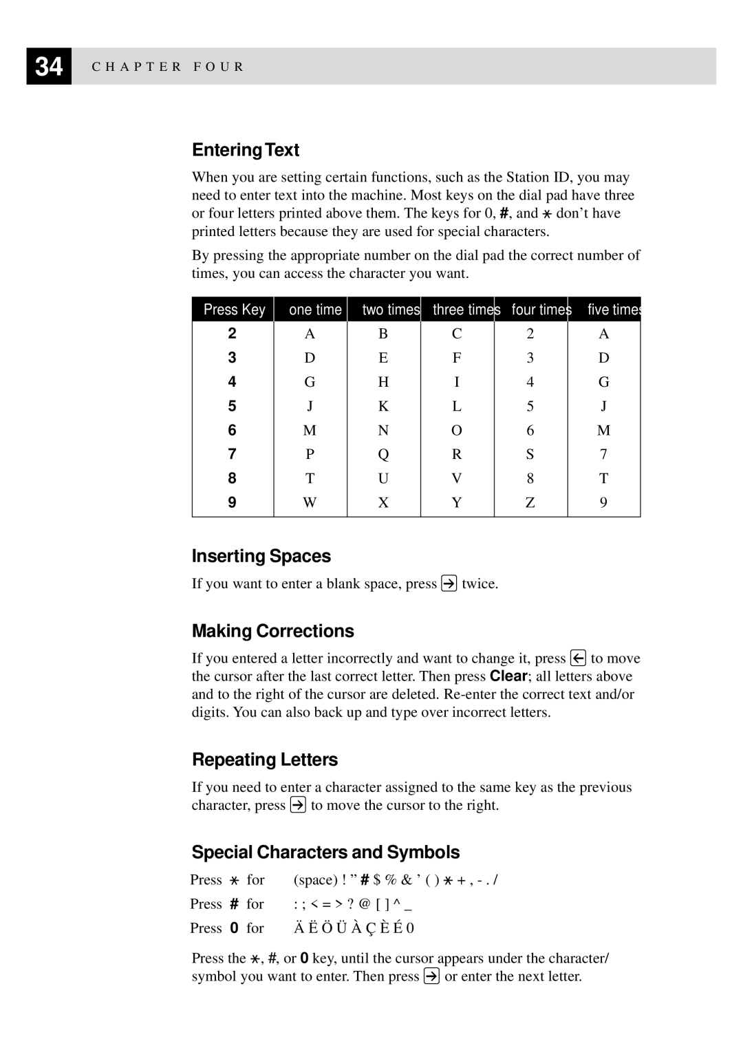 Brother FAX-8350P Entering Text, Inserting Spaces, Making Corrections, Repeating Letters, Special Characters and Symbols 