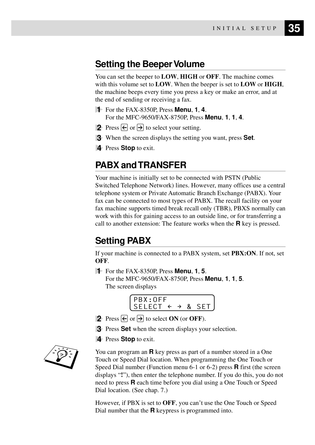 Brother MFC-9650, FAX-8350P owner manual Setting the Beeper Volume, Pabx and Transfer, Setting Pabx, Pbxoff Select & SET 