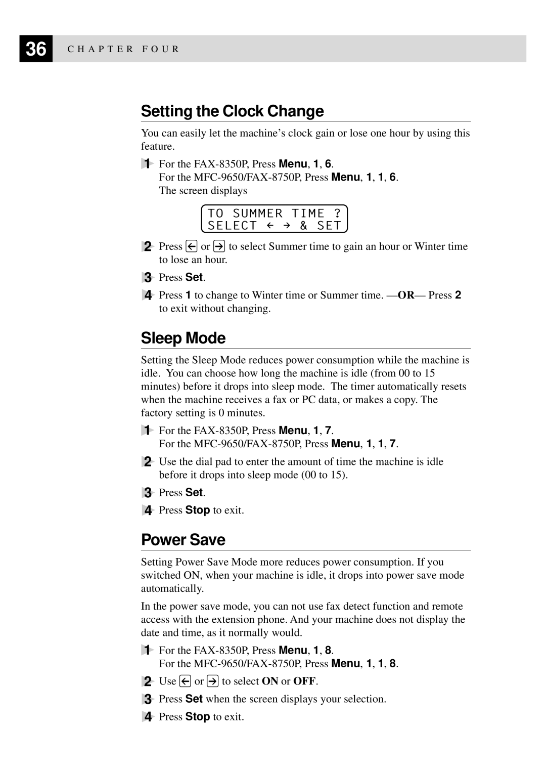 Brother FAX-8350P, MFC-9650 owner manual Setting the Clock Change, Sleep Mode, Power Save, To Summer Time ? Select & SET 