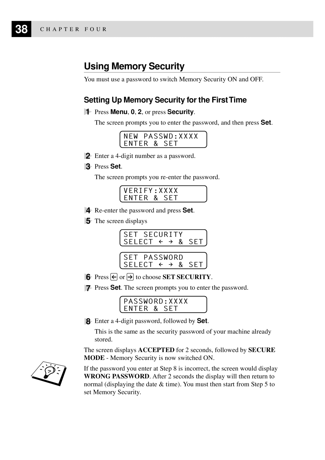 Brother FAX-8350P, MFC-9650 owner manual Using Memory Security, Setting Up Memory Security for the First Time 