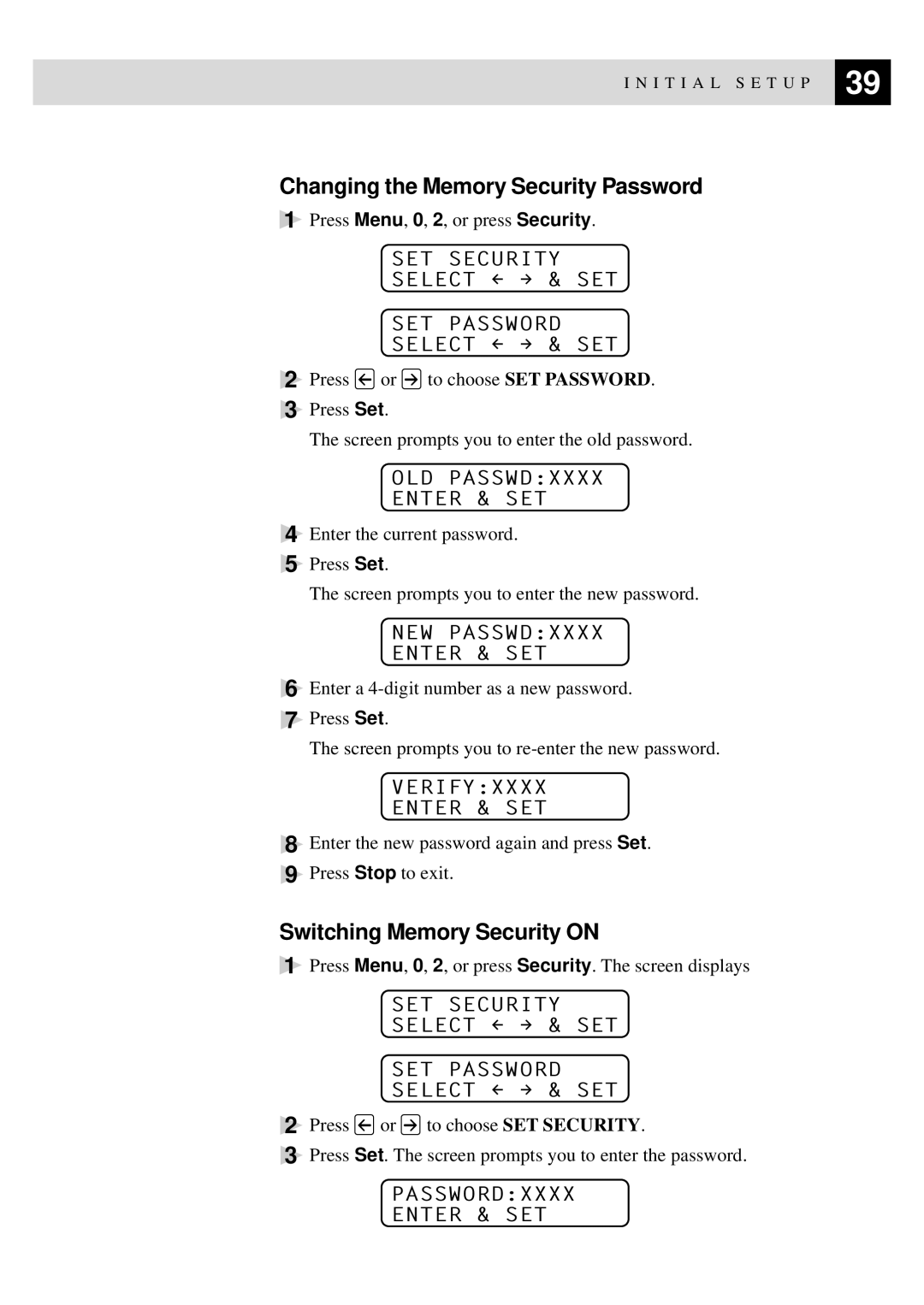 Brother MFC-9650 Changing the Memory Security Password, Switching Memory Security on, OLD Passwdxxxx Enter & SET 