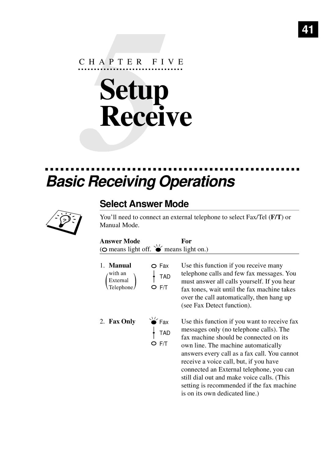 Brother MFC-9650, FAX-8350P owner manual Setup Receive, Basic Receiving Operations, Select Answer Mode 