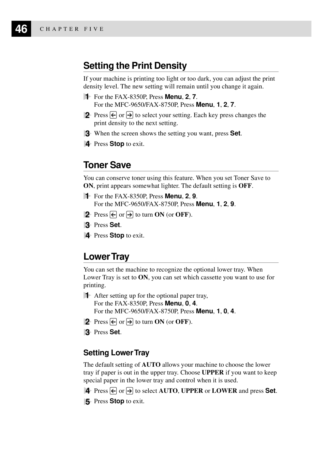 Brother FAX-8350P, MFC-9650 owner manual Setting the Print Density, Toner Save, Setting Lower Tray 