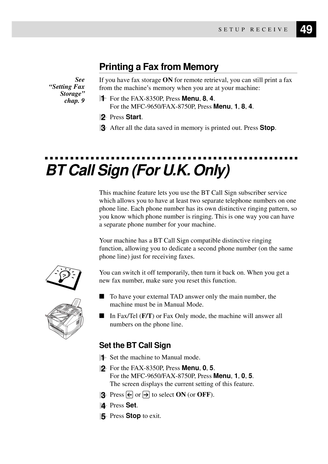 Brother MFC-9650, FAX-8350P owner manual BT Call Sign For U.K. Only, Printing a Fax from Memory, Set the BT Call Sign 