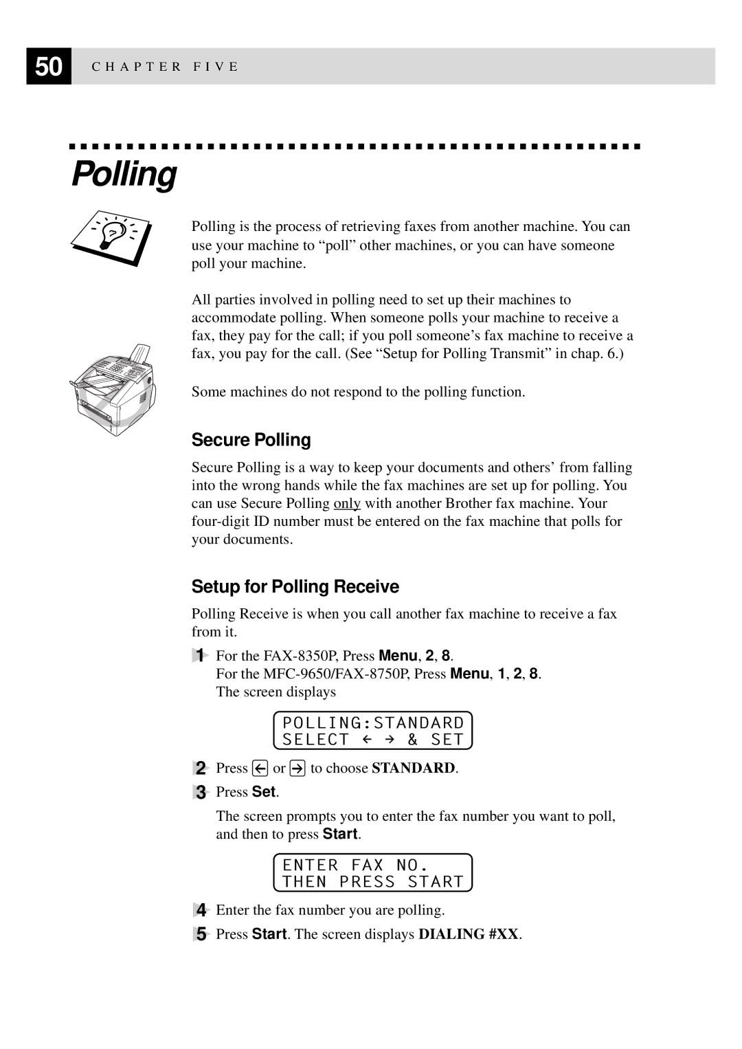 Brother FAX-8350P, MFC-9650 owner manual Secure Polling, Setup for Polling Receive, Pollingstandard Select & SET 