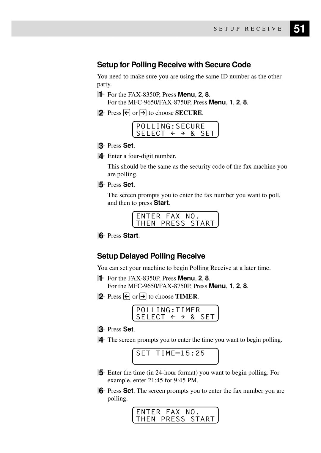 Brother MFC-9650 Setup for Polling Receive with Secure Code, Setup Delayed Polling Receive, Pollingsecure Select & SET 